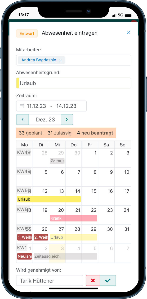 Abwesenheit bequem mit dem Smartphone von unterwegs eintragen