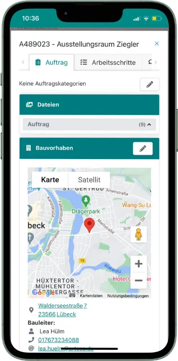 Das Montageteam sieht die Auftragsdaten unterwegs.