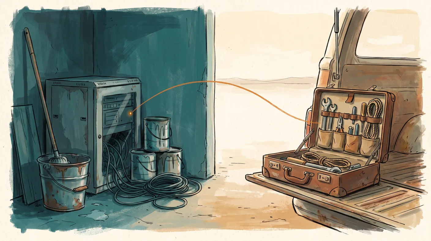 Gemalte Illustration: links ein Serverschrank im dunklen Abstellraum hinter Eimer und Farbdosen, rechts ein offener Werkzeugkoffer auf der Ladeklappe im Tageslicht