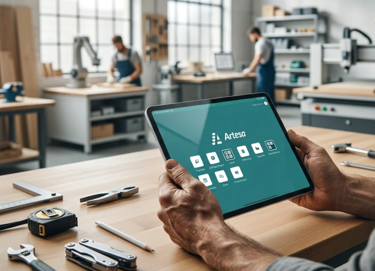 Handwerker und Büro stimmen sich digital über laufende Aufträge ab