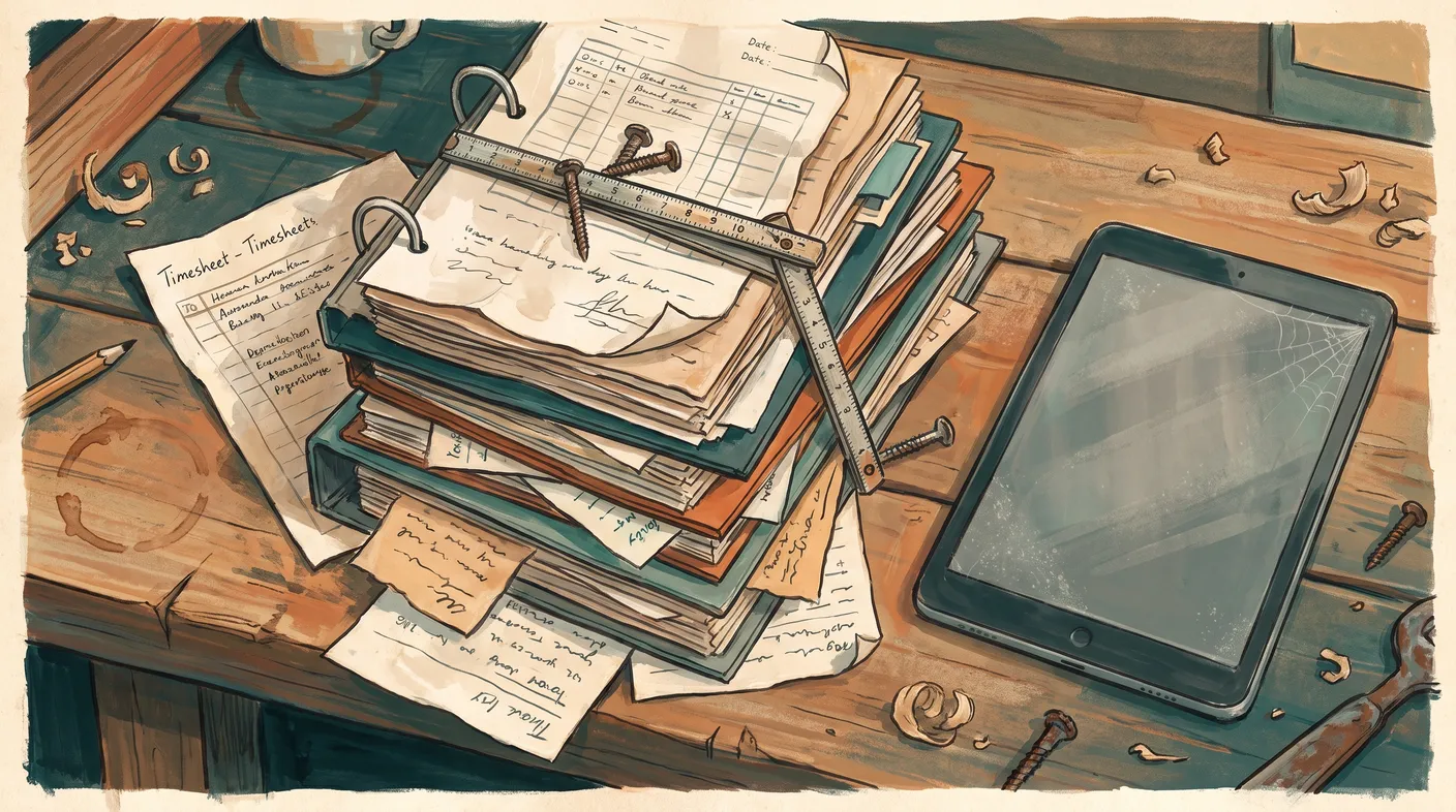 Gemalte Illustration einer Werkbank mit Stapel Papierzetteln und Ordnern, daneben ein ungenutztes, eingestaubtes Tablet
