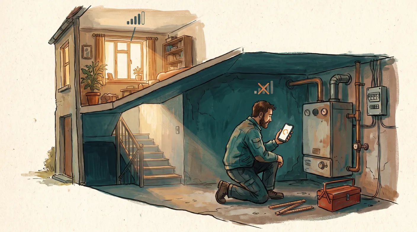 Gemalte Illustration: Ein Monteur arbeitet mit dem Handy in einem Heizungskeller, über ihm im Erdgeschoss Licht und volles Funksignal, bei ihm unten ein durchgestrichenes Funksymbol