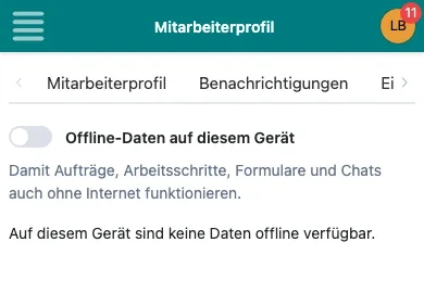 Reiter Offline im Mitarbeiterprofil am Handy mit dem Schalter Offline-Daten auf diesem Gerät
