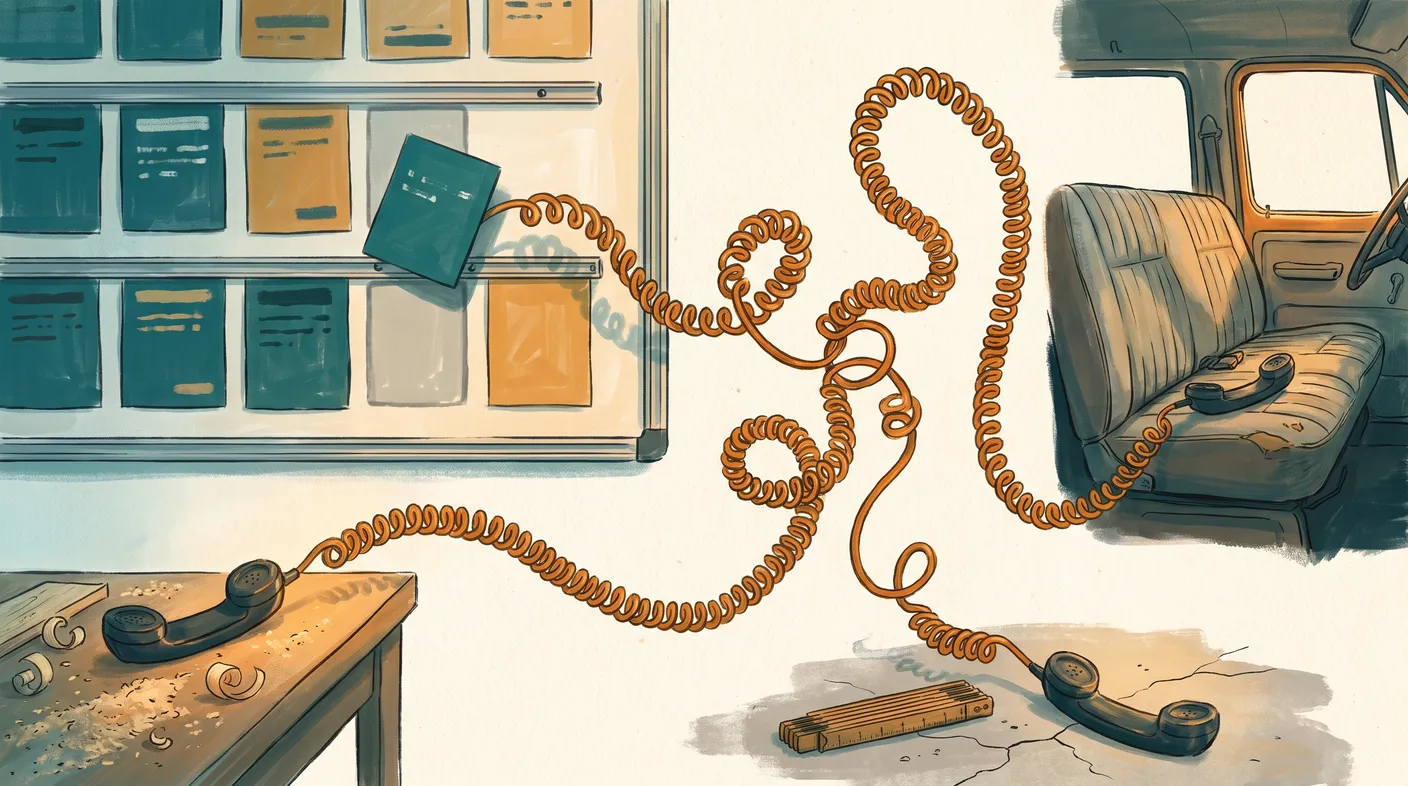 Gemalte Illustration: an einer Steckkartentafel ist eine Karte umgesteckt, von ihr führen drei verknotete Telefonschnüre zu Hörern auf der Werkbank, im Transporter und auf dem Boden