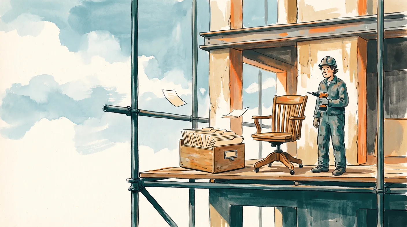 Gemalte Illustration: ein Karteikartenkasten und ein Bürostuhl stehen auf einem Baugerüst, daneben ein Monteur mit Akkuschrauber