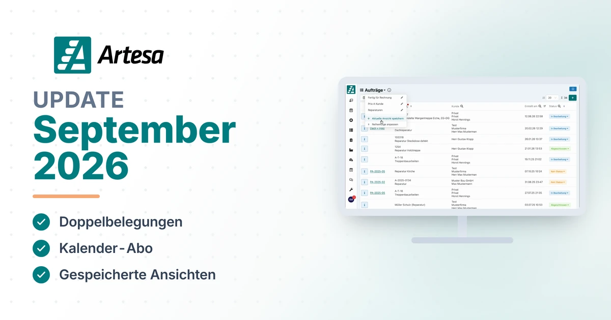 Update September 2026: Neue Funktionen in Artesa