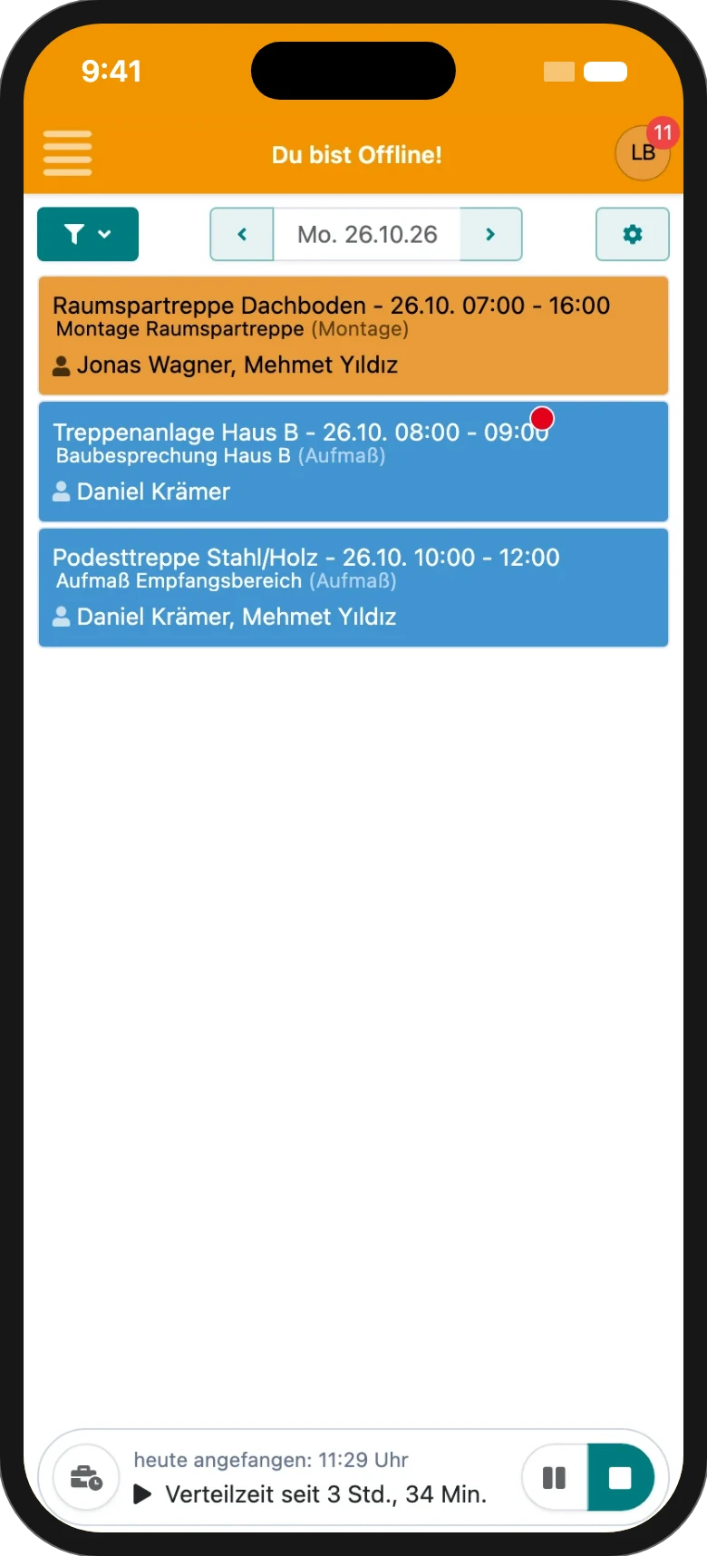 Handwerker-App mit dem Hinweis Du bist Offline, den Einsätzen des Tages und der laufenden Zeiterfassung