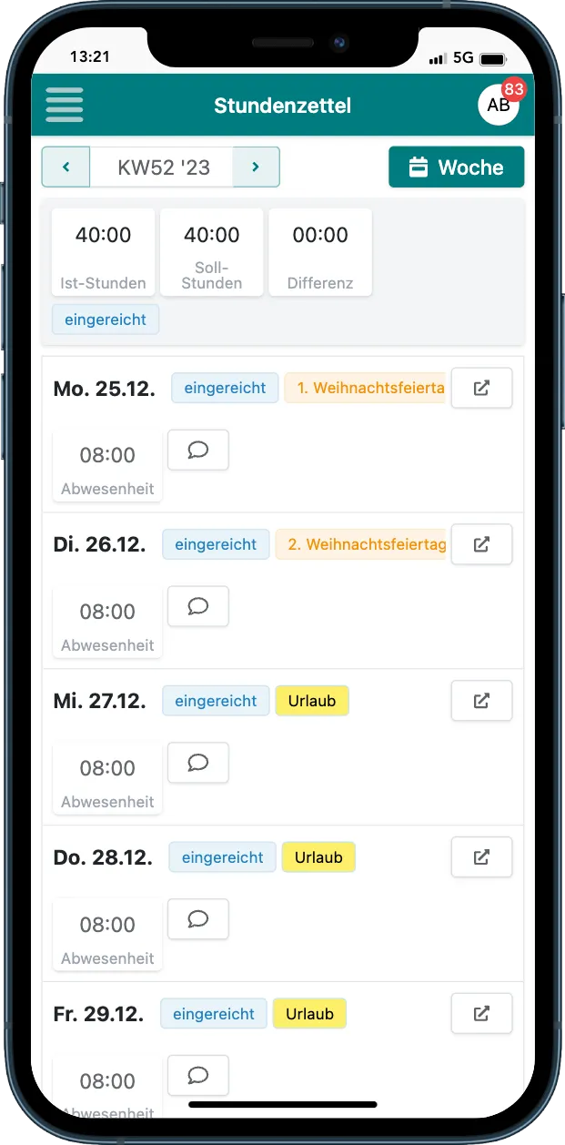 Im Stundenzettel siehst du auch deine genommenen Abwesenheiten