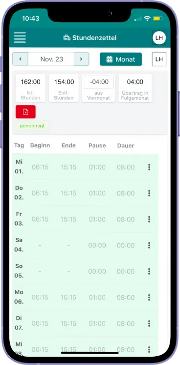 Mit der Monatsansicht im Stundenzettel lassen sich die Arbeitszeiten besonders gut verwalten