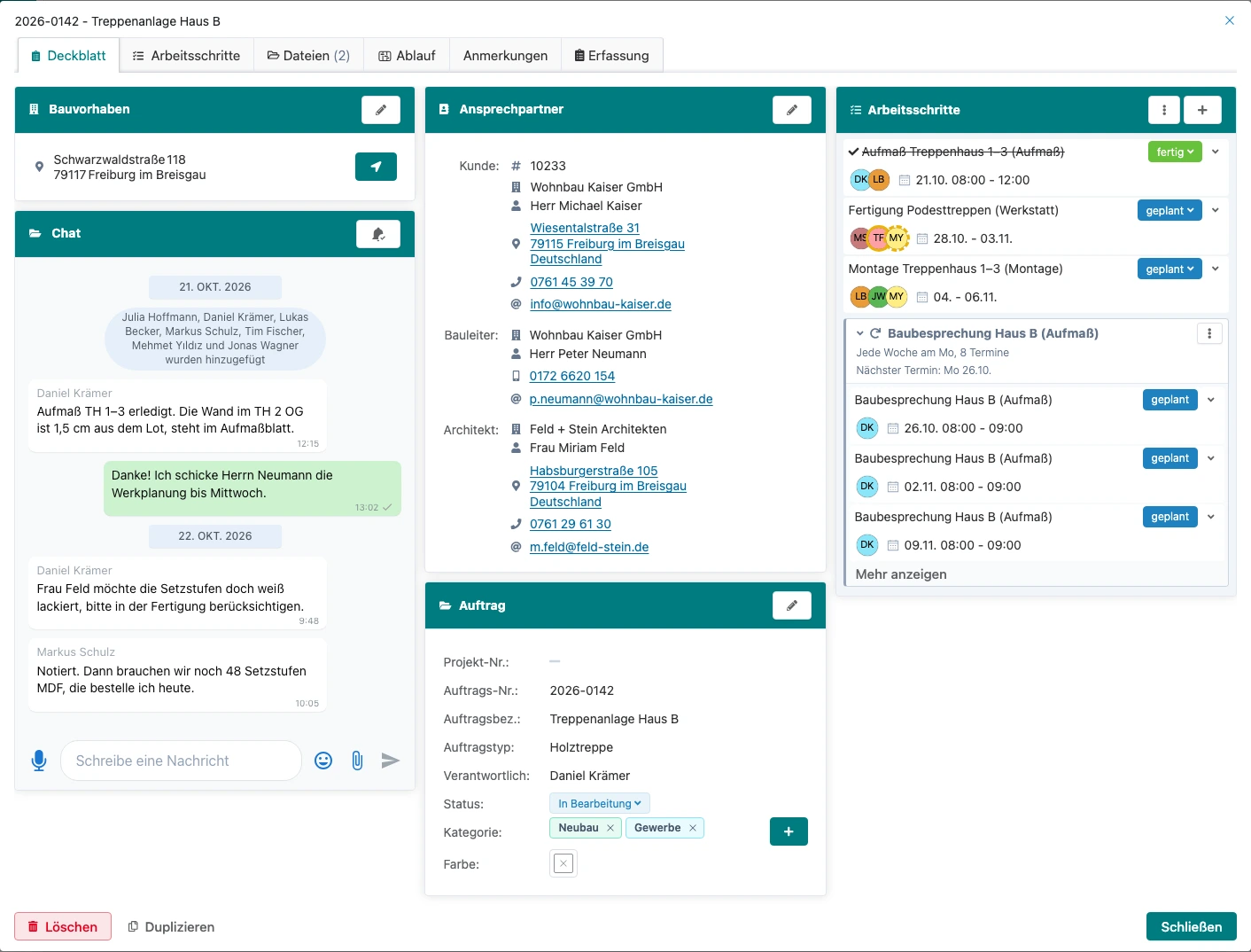 Deckblatt einer Auftragsakte mit den Karten Bauvorhaben, Chat, Ansprechpartner, Auftrag und Arbeitsschritte