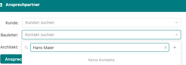 Zeile Bauleiter in der Karte Ansprechpartner mit der Suche Hans Maier, ohne Treffer, rechts daneben der Plus-Button