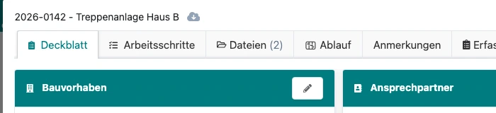 Kopf einer Auftragsakte mit dem Wolken-Button neben dem Auftragstitel