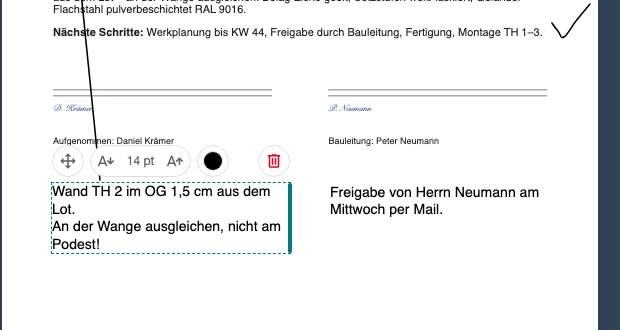 Geöffnete Textbox mit drei Zeilen Hinweis auf einem Aufmaßblatt, darüber die Leiste mit Verschieben, Schriftgröße, Farbe und Löschen