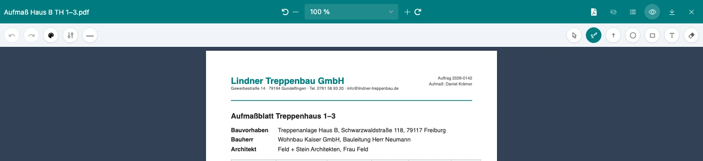 PDF-Viewer im Bearbeitungsmodus mit der Werkzeugleiste für Freihand, Auswählen, Pfeil, Ellipse, Rechteck, Text und Radiergummi