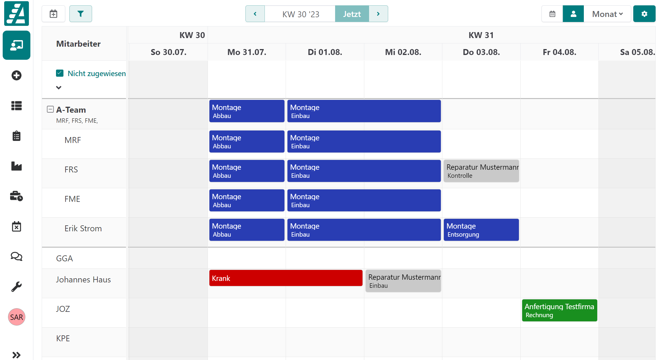 Monatsansicht mit aktivierter Mitarbeiteransicht