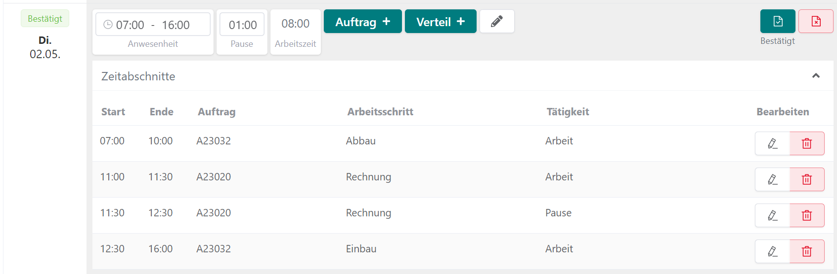 Ausgefüllter Stundenzettel