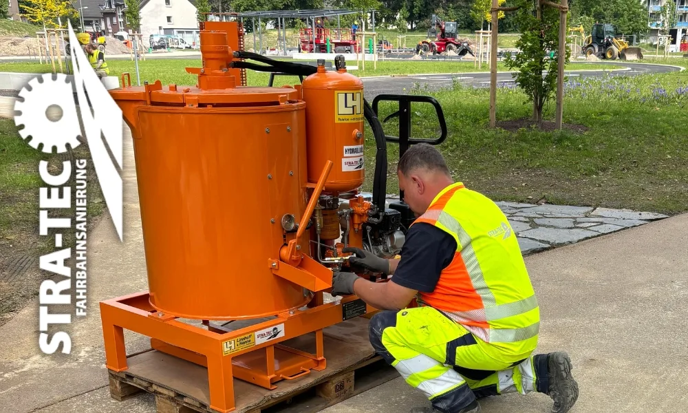 Mitarbeiter von STRA-TEC in Warnkleidung richtet ein Gerät auf einer Baustelle ein
