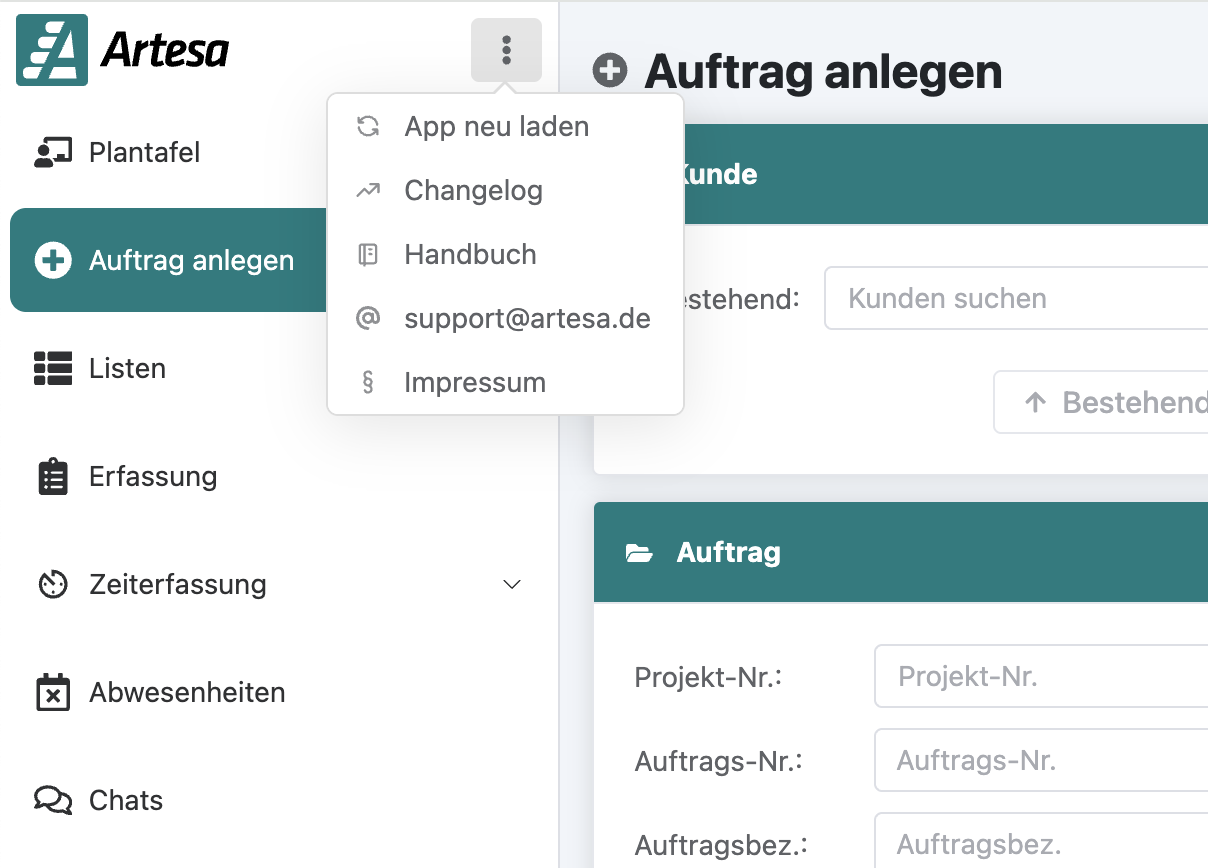 Wichtige Links im Hauptmenü